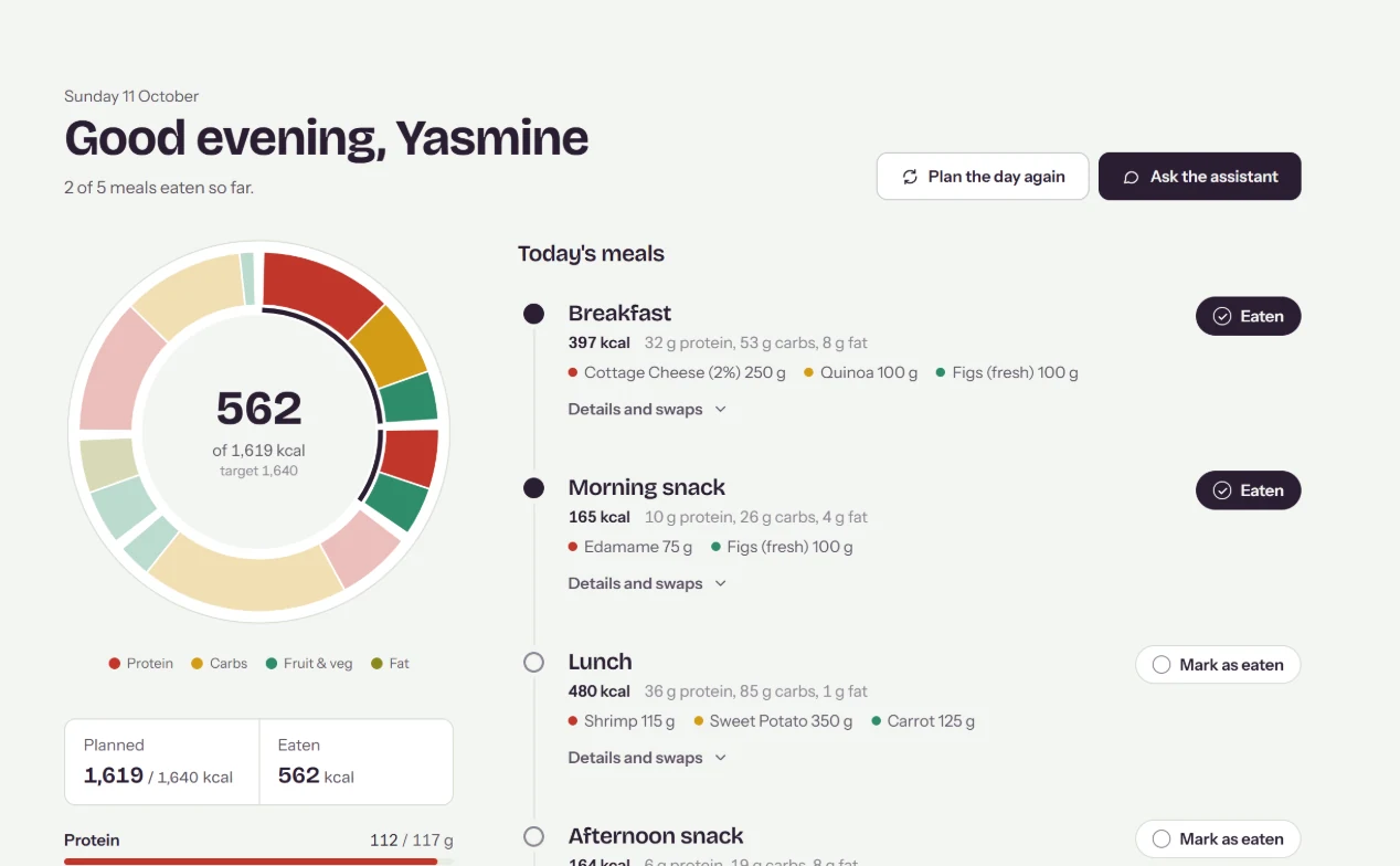 NutriCook today view: planned meals with macros, swaps and eaten tracking
